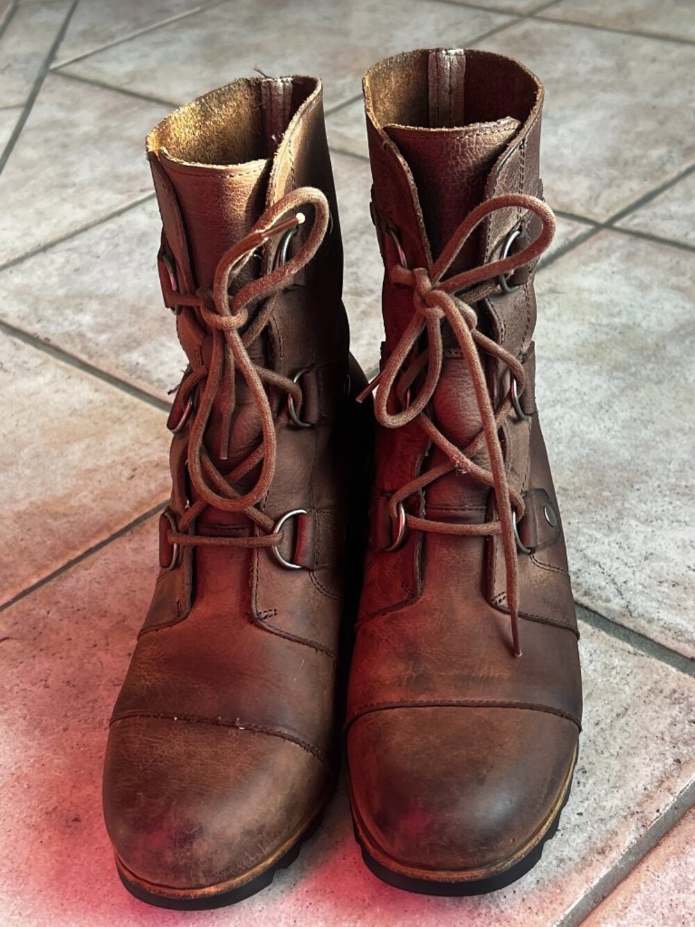 SOREL Joan of Arctic Waterproof Leather Wedge Lace Up Boots Brown 10